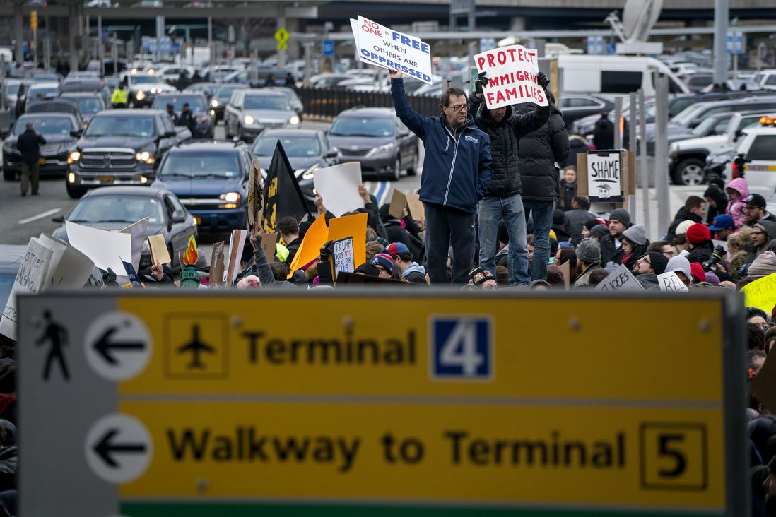 Protesters at JFK Airport, January 28, 2017<br>(Craig Ruttle / AP)